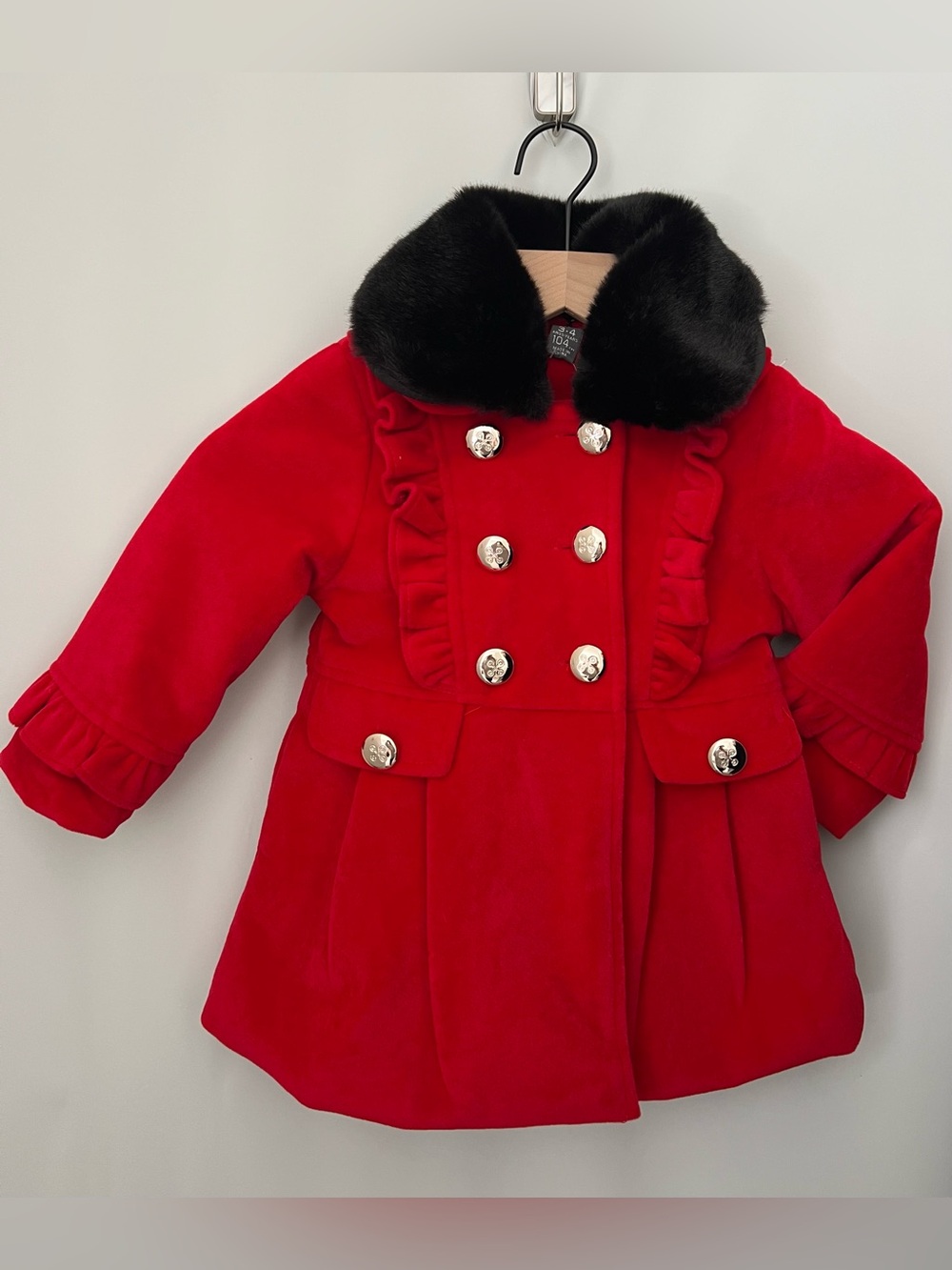 Zara Girls Soft Red Velvet Double Breasted Coat Faux Fur Collar Gold Sz 3-4